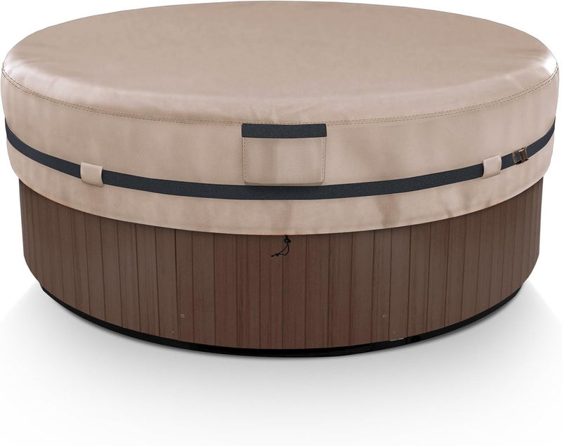 AKEfit Round Hot Tub Cover, 600D Polyester Waterproof for Hot Tub, UV Protection & Windproof, 80''x 14'', Brown - Image 1